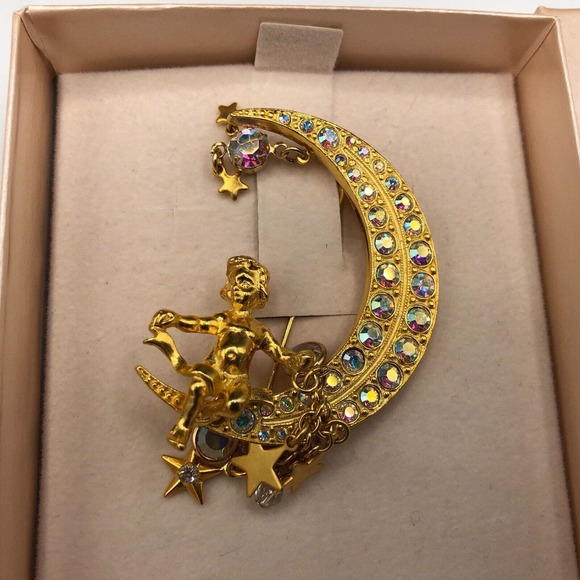 Kirks Folly Brooch Cherub Riding AB Moon Star Charms Vintage Boxed Gold Tone Pin - Picture 5 of 12